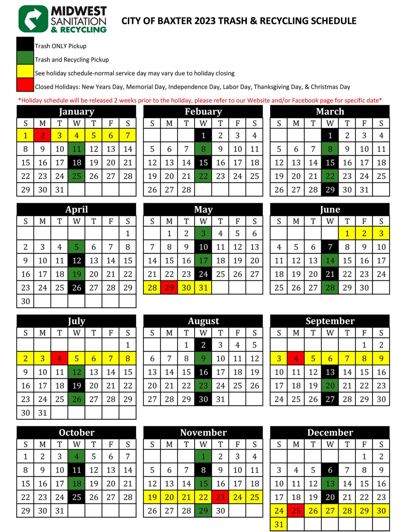 City of Baxter Trash & Recycling Schedule 2023