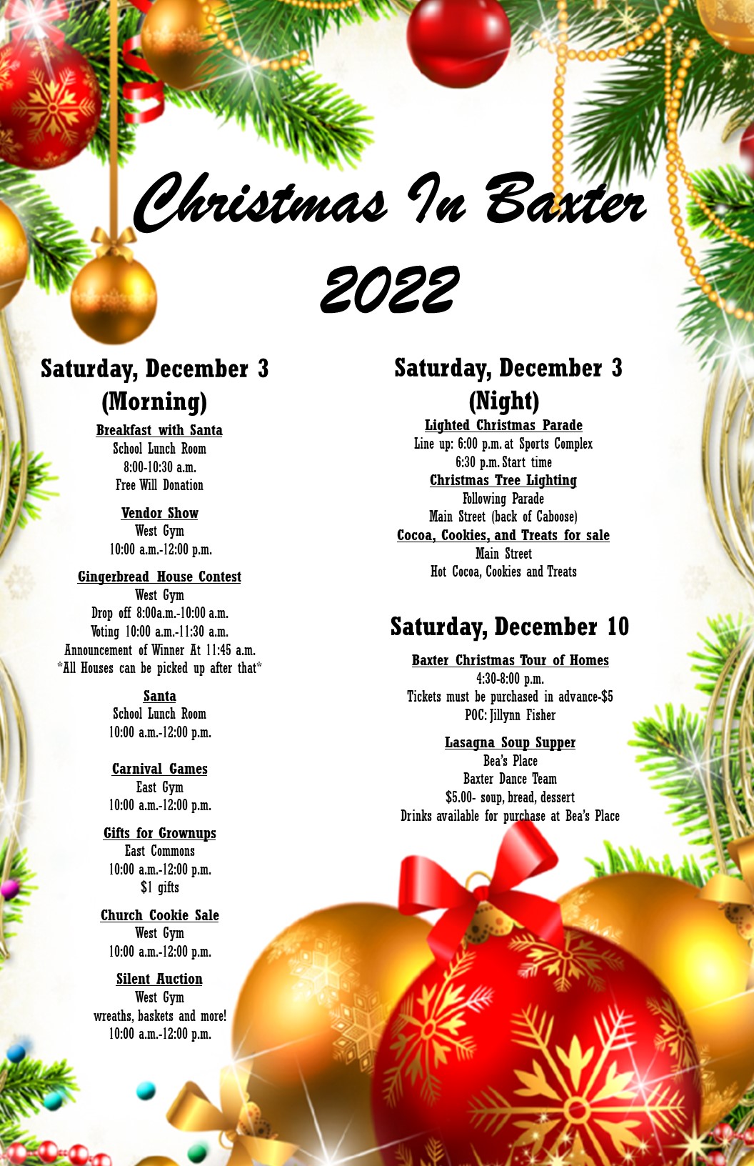 Christmas in Baxter Schedule of Events